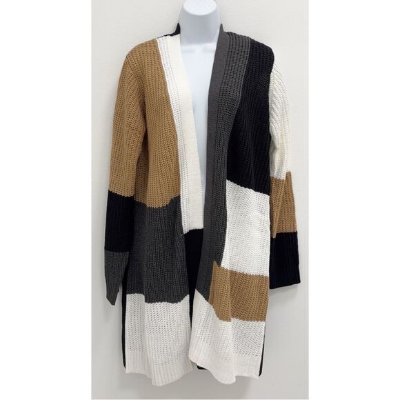 Fortune + Ivy Tan Black Cream Colorblock Open Cardigan Size Large - Picture 4 of 10